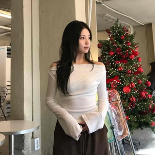 Romantic Ruffle Banding Basque Off-shoulder T-shirt
