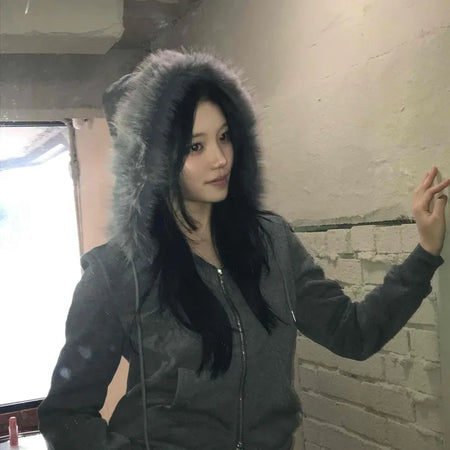 Triple Zip Detail Padded Fur Hooded Short Jumper