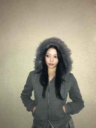 Triple Zip Detail Padded Fur Hooded Short Jumper