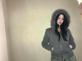 Triple Zip Detail Padded Fur Hooded Short Jumper