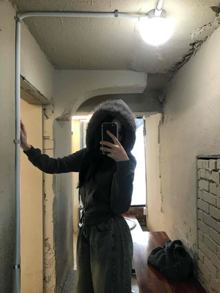 Triple Zip Detail Padded Fur Hooded Short Jumper