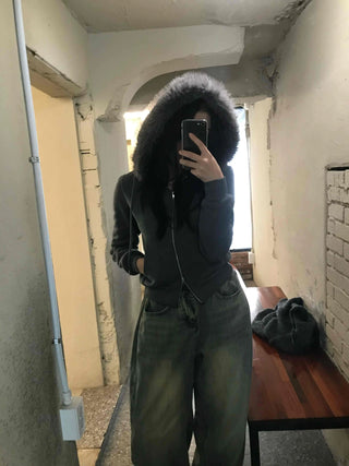 Triple Zip Detail Padded Fur Hooded Short Jumper