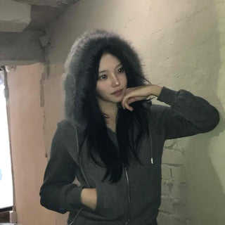 Triple Zip Detail Padded Fur Hooded Short Jumper