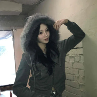 Triple Zip Detail Padded Fur Hooded Short Jumper