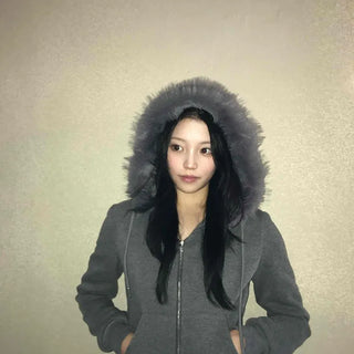 Triple Zip Detail Padded Fur Hooded Short Jumper
