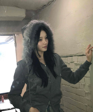 Triple Zip Detail Padded Fur Hooded Short Jumper