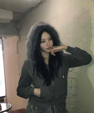 Triple Zip Detail Padded Fur Hooded Short Jumper