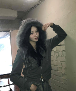 Triple Zip Detail Padded Fur Hooded Short Jumper