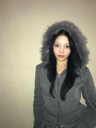 Triple Zip Detail Padded Fur Hooded Short Jumper
