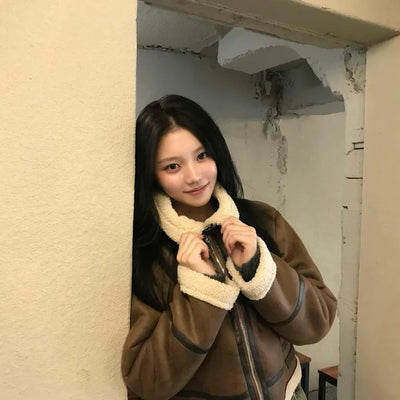 Boa Color Shawl Collar Vegan Leather Zip-Up Jacket
