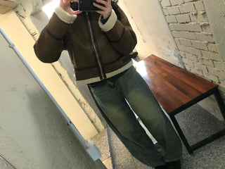 Boa Color Shawl Collar Vegan Leather Zip-Up Jacket