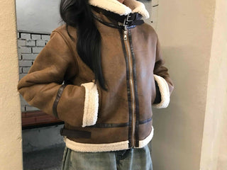 Boa Color Shawl Collar Vegan Leather Zip-Up Jacket