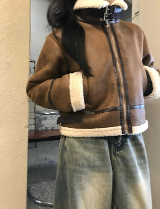Boa Color Shawl Collar Vegan Leather Zip-Up Jacket