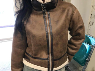 Boa Color Shawl Collar Vegan Leather Zip-Up Jacket