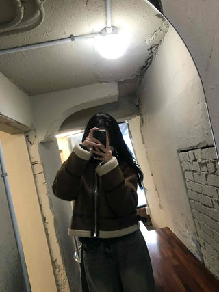 Boa Color Shawl Collar Vegan Leather Zip-Up Jacket