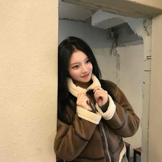 Boa Color Shawl Collar Vegan Leather Zip-Up Jacket