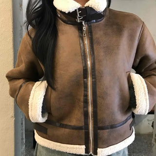 Boa Color Shawl Collar Vegan Leather Zip-Up Jacket