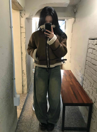 Boa Color Shawl Collar Vegan Leather Zip-Up Jacket