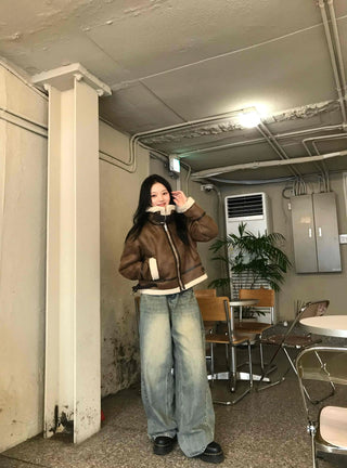 Boa Color Shawl Collar Vegan Leather Zip-Up Jacket