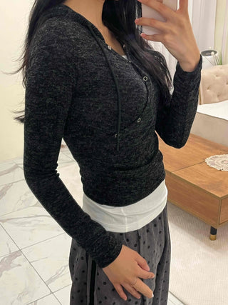 Feminine Button Shirred Slim Fit Long Sleeve T-shirt