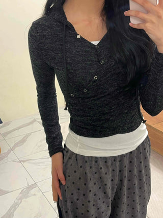 Feminine Button Shirred Slim Fit Long Sleeve T-shirt