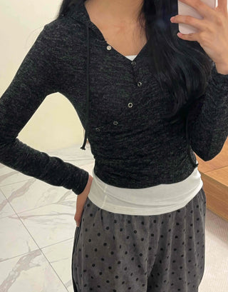 Feminine Button Shirred Slim Fit Long Sleeve T-shirt