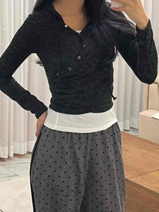 Feminine Button Shirred Slim Fit Long Sleeve T-shirt