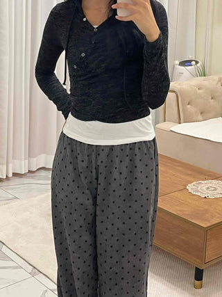 Feminine Button Shirred Slim Fit Long Sleeve T-shirt