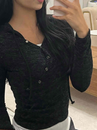 Feminine Button Shirred Slim Fit Long Sleeve T-shirt