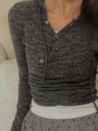 Feminine Button Shirred Slim Fit Long Sleeve T-shirt