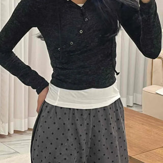 Feminine Button Shirred Slim Fit Long Sleeve T-shirt