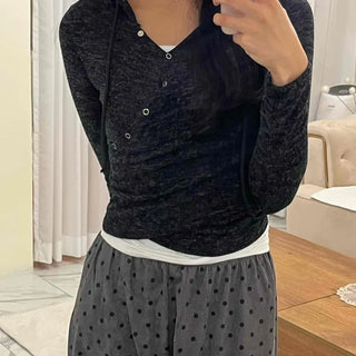 Feminine Button Shirred Slim Fit Long Sleeve T-shirt