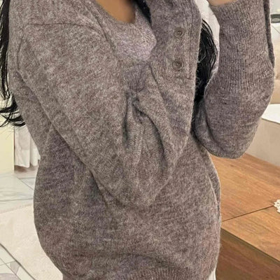 Sleeve Warmer Button V-Neck Loose Fit Knit