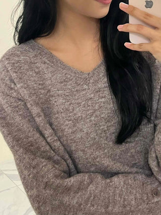 Sleeve Warmer Button V-Neck Loose Fit Knit