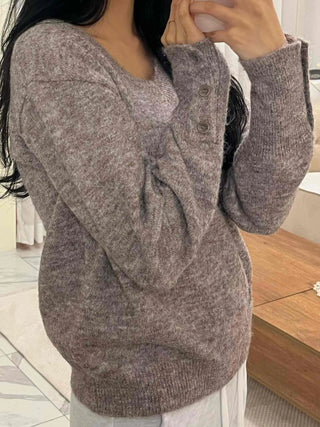 Sleeve Warmer Button V-Neck Loose Fit Knit