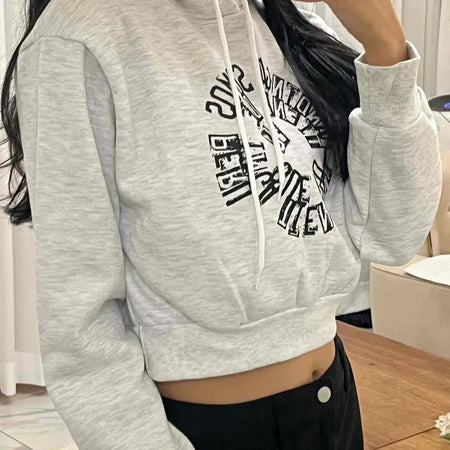 Casual Lettering Print Fleece-Lined Crop Hoodie