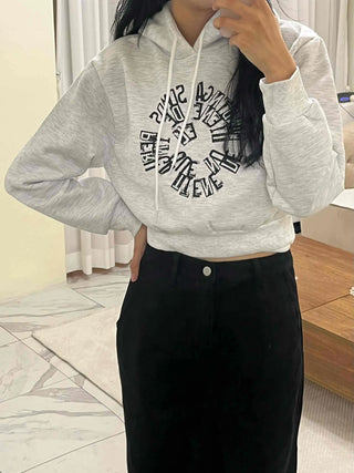 Casual Lettering Print Fleece-Lined Crop Hoodie