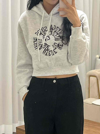 Casual Lettering Print Fleece-Lined Crop Hoodie