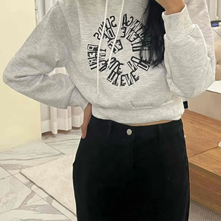 Casual Lettering Print Fleece-Lined Crop Hoodie