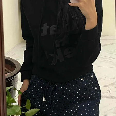 Lettering Print Crop Loose Fit Fleece-Lined Hoodie