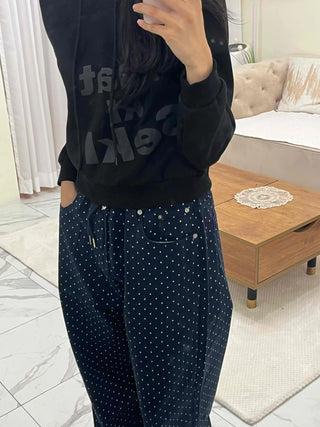 Lettering Print Crop Loose Fit Fleece-Lined Hoodie