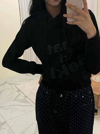 Lettering Print Crop Loose Fit Fleece-Lined Hoodie