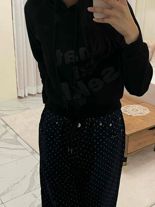 Lettering Print Crop Loose Fit Fleece-Lined Hoodie