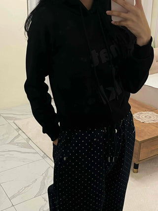 Lettering Print Crop Loose Fit Fleece-Lined Hoodie