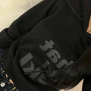 Lettering Print Crop Loose Fit Fleece-Lined Hoodie