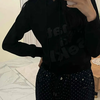 Lettering Print Crop Loose Fit Fleece-Lined Hoodie