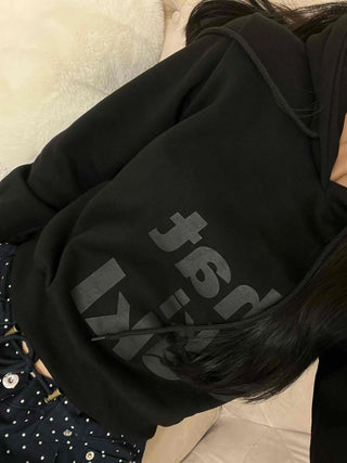 Lettering Print Crop Loose Fit Fleece-Lined Hoodie