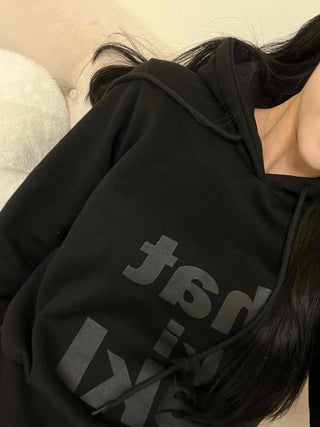 Lettering Print Crop Loose Fit Fleece-Lined Hoodie
