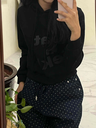 Lettering Print Crop Loose Fit Fleece-Lined Hoodie