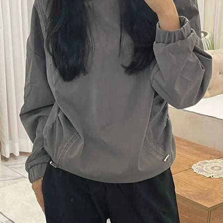 Side String Shirred Button Half-Neck Hoodie